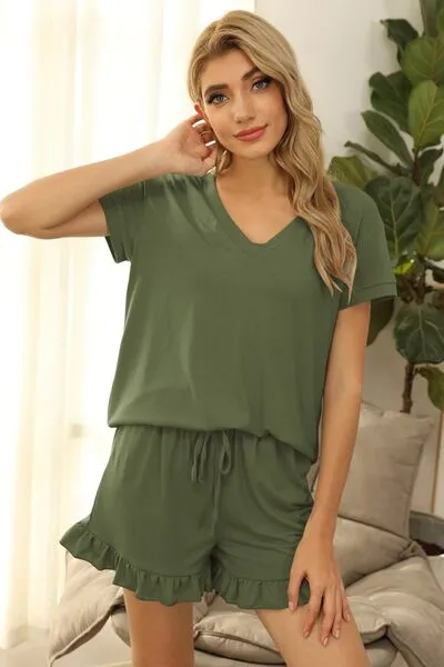 V-Neck Short Sleeve Top and Drawstring Shorts Lounge Set (7 Colors)