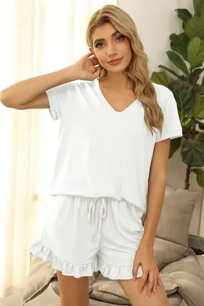 V-Neck Short Sleeve Top and Drawstring Shorts Lounge Set (7 Colors)