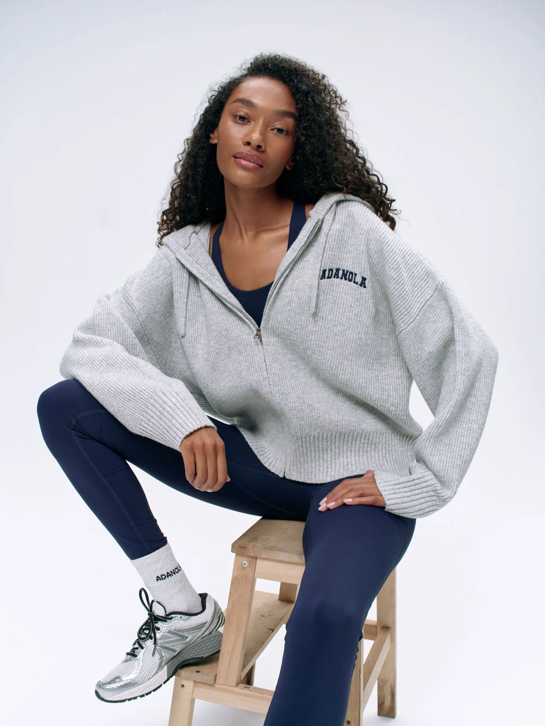 Varsity Hooded Knit Bomber Jacket - Light Grey Melange