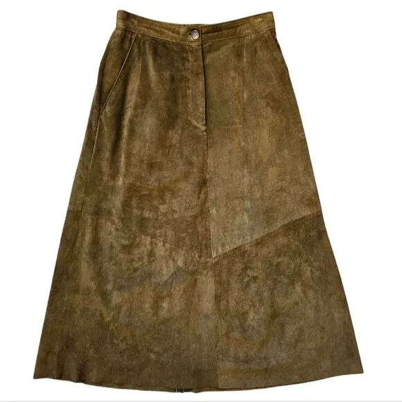 Vintage Green Suede Leather A-Line Maxi Skirt Size 8
