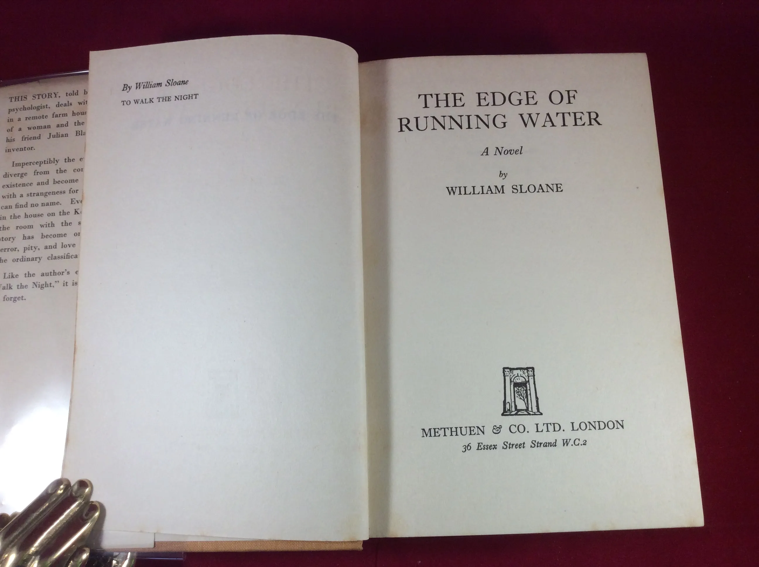 William Sloane, The Edge of Running Water, Methuen, 1940, First Edition.