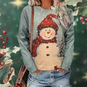 Women Loose Fit Warm Christmas Snowman Print Pullover Sweater
