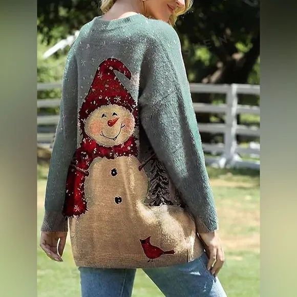 Women Loose Fit Warm Christmas Snowman Print Pullover Sweater