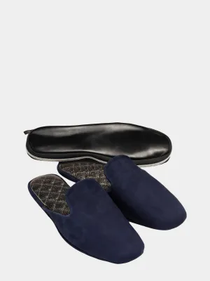 Women's  blue travel slippers with case Model 1109 Suede Leather