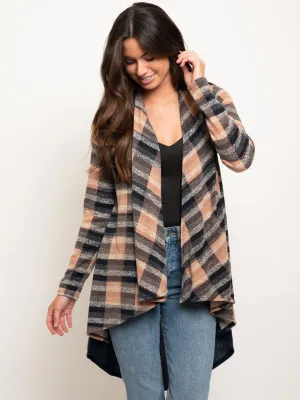 WOMEN'S CONTRAST CHECK HIGH-LOW CARDIGAN
